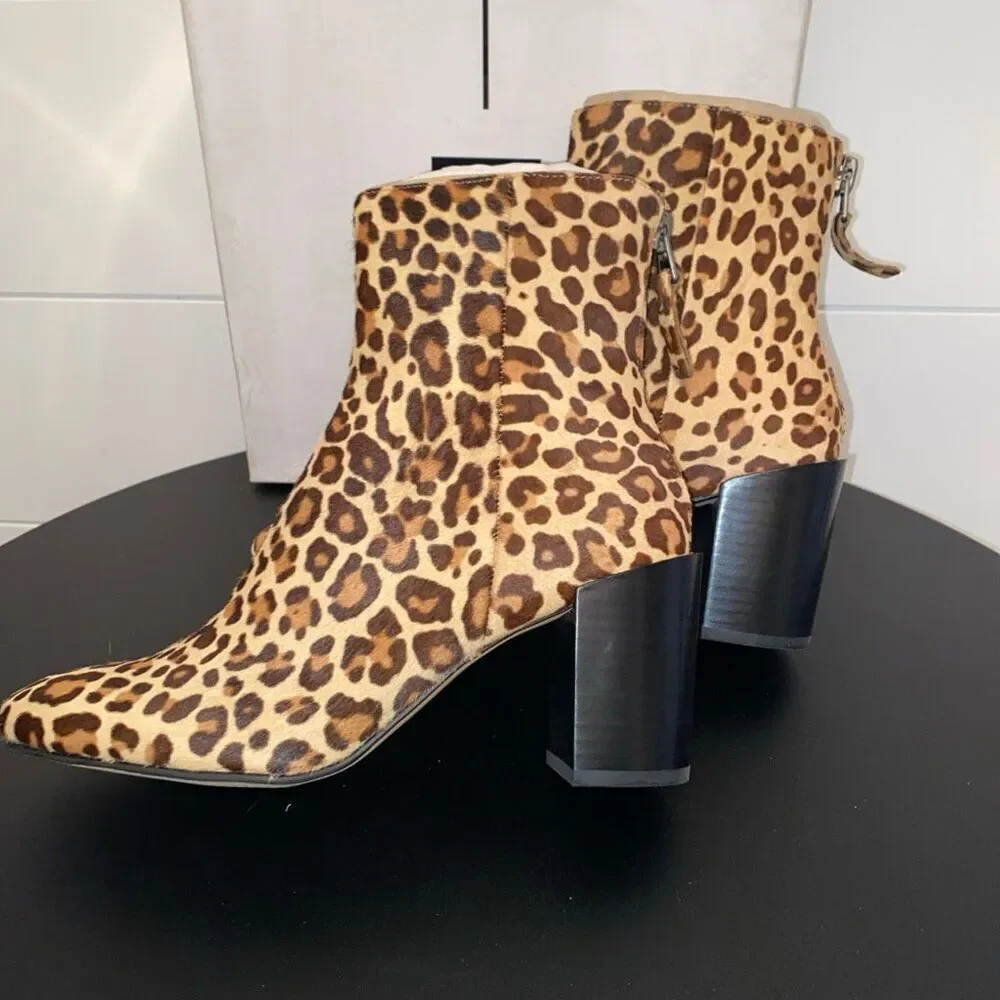 Dolce Vita Women's Booties Cyan Calf Hair Dark Leopard Block Heel Size 8.5